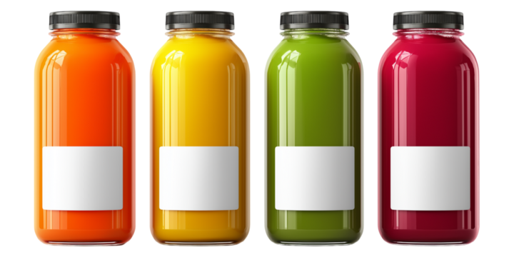 colorful juice bottles isolated on white background