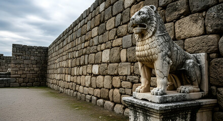 Ancient lion sculpture in a stone courtyard architectural structure of historic significance