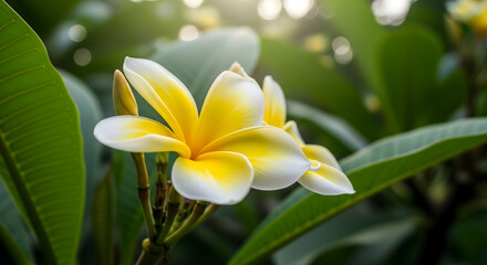 Obraz premium Close up of vibrant yellow and white plumeria flowers in a lush green garden setting