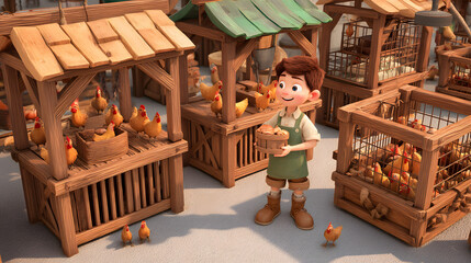 3D cartoon of a cute boy selling chickens