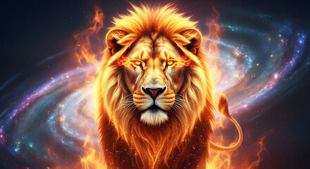 Fototapeta premium Fiery lion of the zodiac surrounded by a cosmic galaxy glowing with celestial energy