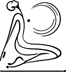 A black-and-white minimalist oil drop silhouette of a woman with hands on her chest, surrounded by breathing lines forming a circle, symbolizing wellness and breathing exercises.
