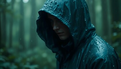 Person in hooded raincoat walking in rainy forest photography wallpaper