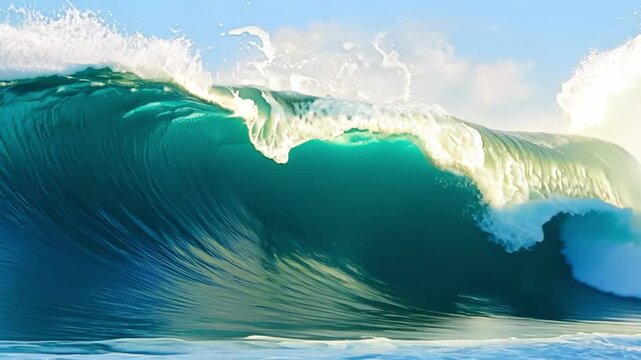 Massive turquoise ocean wave builds momentum and crashes dramatically creating white foam spray against clear blue sky in natural seascape with powerful water movement and energy
