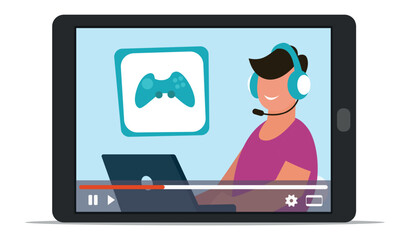 Video game streamer wearing a headset, engaging with followers while playing video games on a tablet and broadcasting live online, creating entertaining content in the gaming community