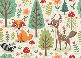 Naklejka premium Whimsical gathering of woodland creatures foxes and deer in a cartoon forest seamless pattern design playful environment aerial view charming aesthetic for fabric and wallpaper