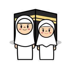 Cute Cartoon Illustration Mother and Daughter Pilgrims Performing Hajj Standing in Front of Kaaba