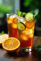 Iced tea, cold brew, cucumber, and orange slices in elegant glasses , refreshment, summer drink, iced tea drink