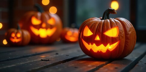 Obraz premium Intricate pumpkin carving illuminated, wooden surface Blurred festive backdrop , illuminated, night scene