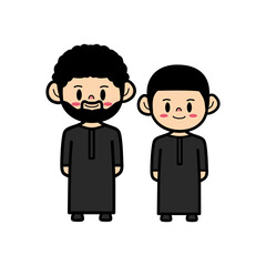 Cute Muslim cartoon character father and son in black Saudi Arabia traditional dress