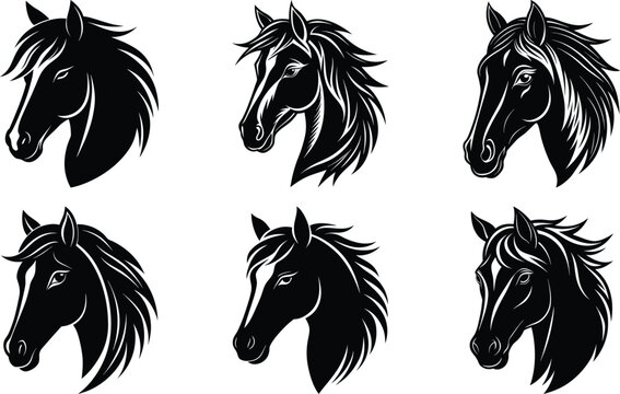 Horse head silhouette vector set, bundle of equestrian animal illustrations isolated on white background