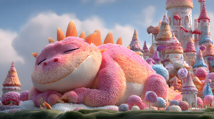 3d Cartoon of a cute chubby dragon guarding
