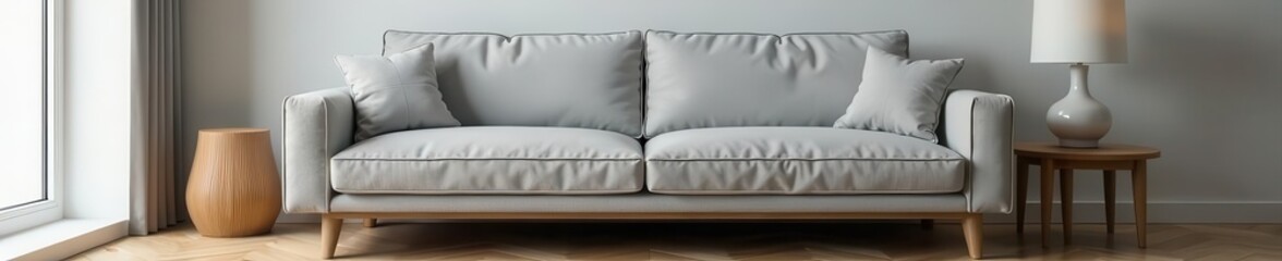 Obraz premium Modern grey sofa, wooden side table, white lamp, wooden floor , natural, space