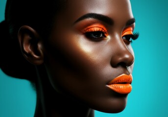 Vibrant Editorial Beauty Portrait with Bold Orange Makeup on Dark Skin.