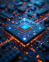 Quantum computer processor close-up with glowing qubits and fractal energy patterns