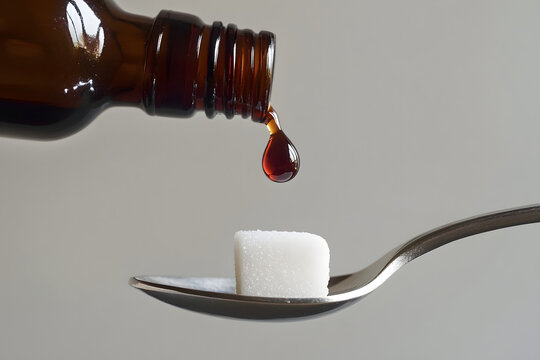 Medicine drop falling from brown glass bottle onto sugar cube placed on spoon, concept of home remedy, traditional treatment, dosage, healthcare, syrup intake, and medication method