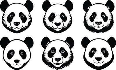 Panda head set of vector silhouette isolated on white background