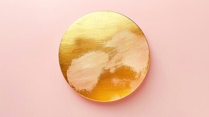 A radiant gold circle with blot smears adding texture, isolated on a soft blush pink background for an elegant and modern minimalist design.