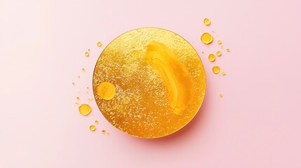 A radiant gold circle with blot smears adding texture, isolated on a soft blush pink background for an elegant and modern minimalist design.