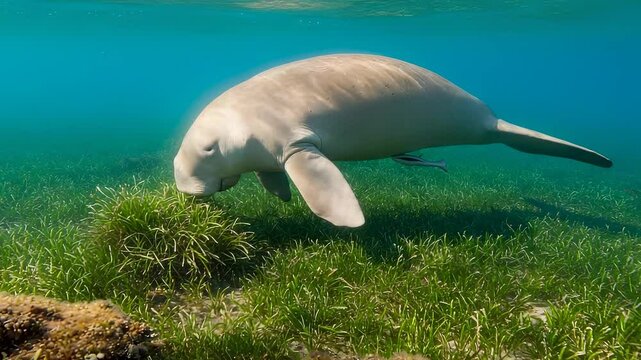 Gentle giant of the sea: A dugong grazing peacefully on lush seagrass underwater habitat