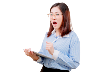 A surprised Asian young beautiful woman wearing glasses holds a tablet and gestures with her hand.