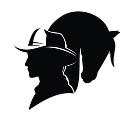 wild west american cowboy wearing hat and mustang horse head black and white vector silhouette portrait