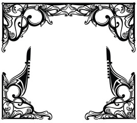 black and white vector design set of elegant antique style corner frame decorative elements with venetian gondola boat bow