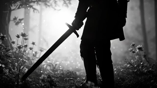 Mysterious warrior silhouette stands guard in an enchanted forest monochrome scene