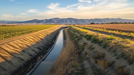 Sunlit Irrigation Canal in Agricultural Valley