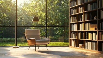 Serene Reading Nook, Modern Armchair by a Sunlit Window