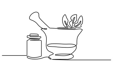 Continuous one line drawing of microscope and madical mortar. Simple illustration of microscope laboratory and pestle line art vector illustration.