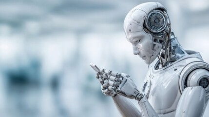 Humanoid Robot Focused on Smartphone Interaction with copy space. Artificial intelligence, humanoid robotics, digital interaction, future technology.