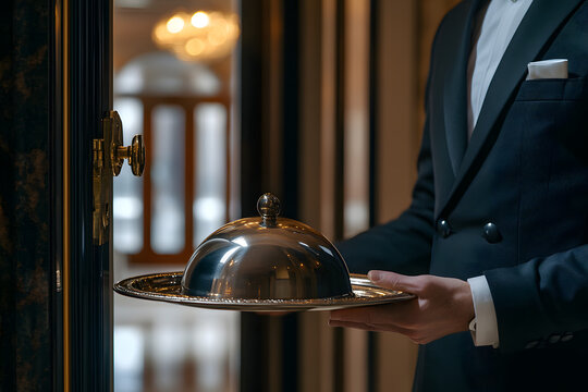 Elegant waiter in tuxedo holding silver tray with cloche at luxury hotel door, concept of fine dining, room service, five-star hospitality, gourmet experience, and formal catering