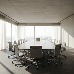 Spacious, modern, empty conference room with a large table, chairs, and panoramic windows offering a city view. Bright, minimalist corporate interior.
