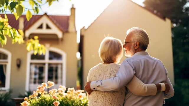 Smiling senior couple standing in front of a house and talking, rear view. Happy elderly family looking on their new property. Buying home of dream. Reverse mortgage loan for seniors concept