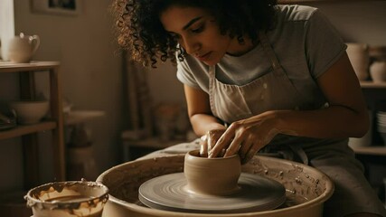Concentrated young female potter shaping clay on spinning wheel in her workshop - Powered by Adobe