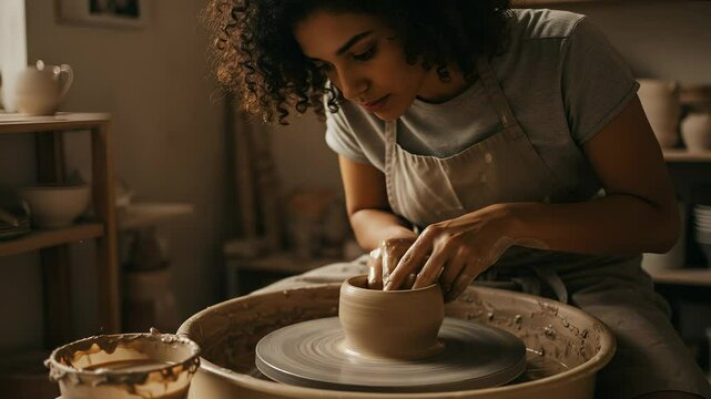 Concentrated young female potter shaping clay on spinning wheel in her workshop