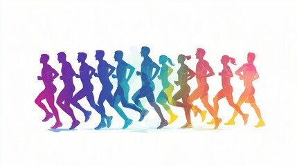 Colorful silhouettes of runners in a marathon race.