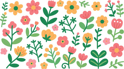 Colorful hand drawn floral elements in a seamless pattern for spring or summer designs.