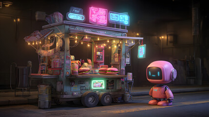 3D cartoon of a cute cyberpunk street vendor