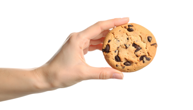 A hand presents a delicious chocolate chip cookie, ready to enjoy.