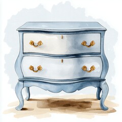 Watercolor Painting of Blue Antique Chest of Drawers with Gold Handles