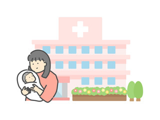 母親と抱っこされる赤ちゃん  産婦人科   建物  イラスト