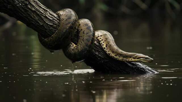 Green Anaconda Coiled Around Branch in the Amazon River, waiting to predate