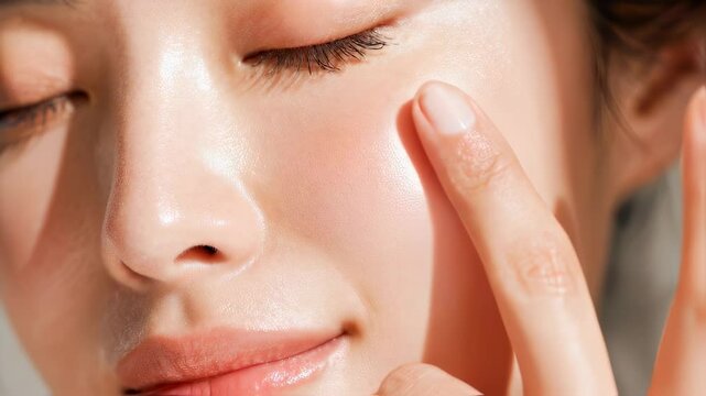 うるおい素肌を指先で確かめる女性のスキンケアシーン