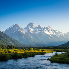 Fototapeta premium Majestic Mountain Range: Snow-Capped Peaks Overlooking Serene Valley