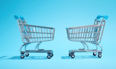 Two miniature shopping carts against a bright backdrop.