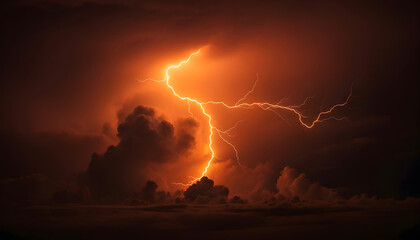 Intense orange lightning striking through layered storm clouds in the dark night sky