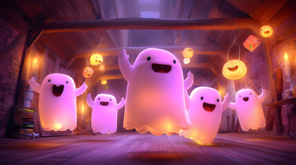 3D cartoon of a cute friendly ghost playing