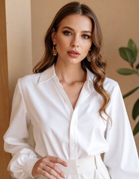 Hermosa mujer con elegante blusa blanca posa sobre un fondo neutro.